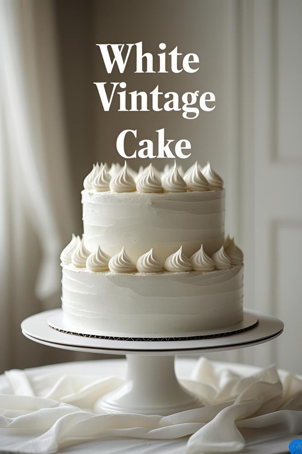 An elegant white vintage cake decorated with intricate buttercream piping, ruffles, and pearls, shown on a white cake stand.