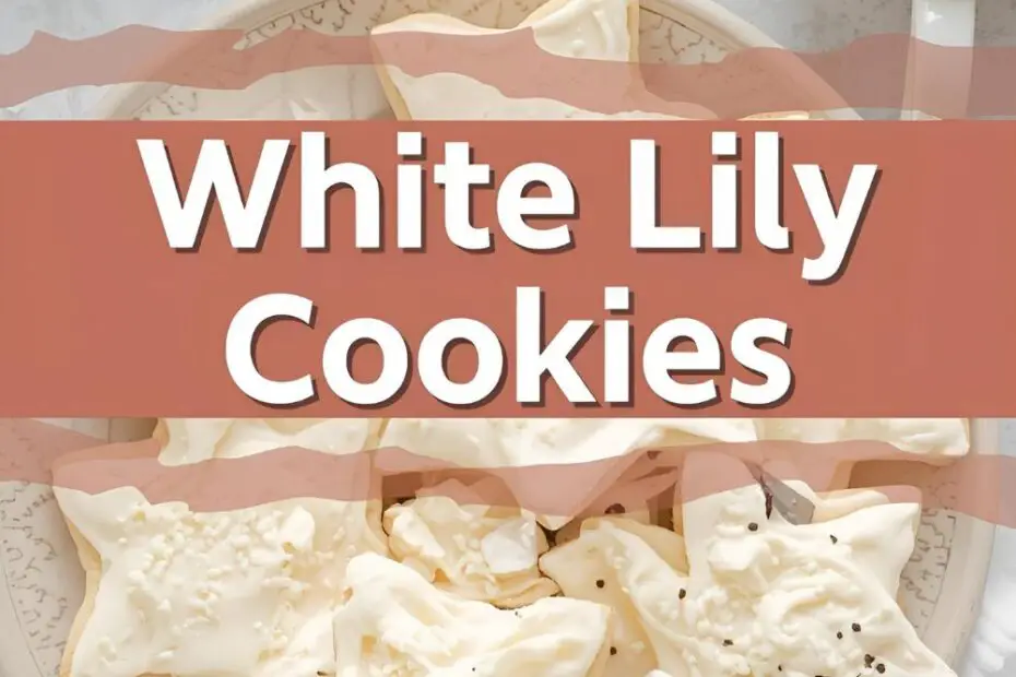 Text overlay "White Lily Cookies" on a background image of pale, delicate butter cookies arranged on a plate with a cup of tea.