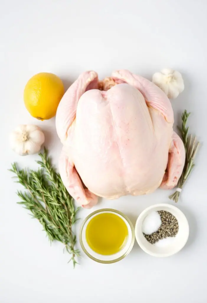 A neat flat lay collage of ingredients for roasting a whole chicken: a whole raw chicken, a lemon, a head of garlic, fresh rosemary, olive oil, and a small bowl of mixed seasoning (salt, pepper, paprika).