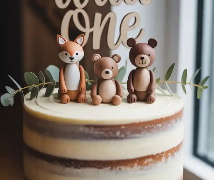 A rustic semi-naked birthday cake decorated with woodland animal figurines, with a text overlay that reads "Wild One Birthday Cake."