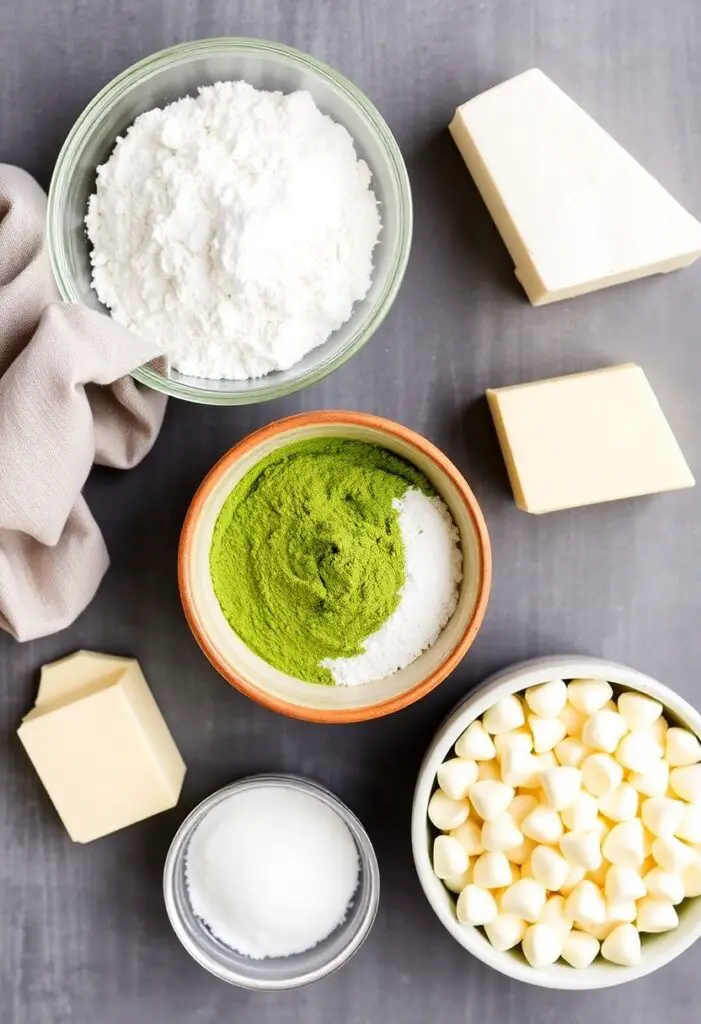  A clean flat lay collage of ingredients for Wind Archer cookies: a bowl of bright green matcha powder, sifted flour, butter, sugar, and a bowl of high-quality white chocolate chips.