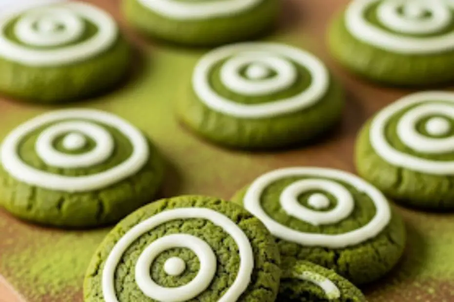Text overlay "The Wind Archer Cookie" on an elegant, moody image of vibrant green matcha cookies with a sharp white chocolate bullseye design, arranged on a slate board.