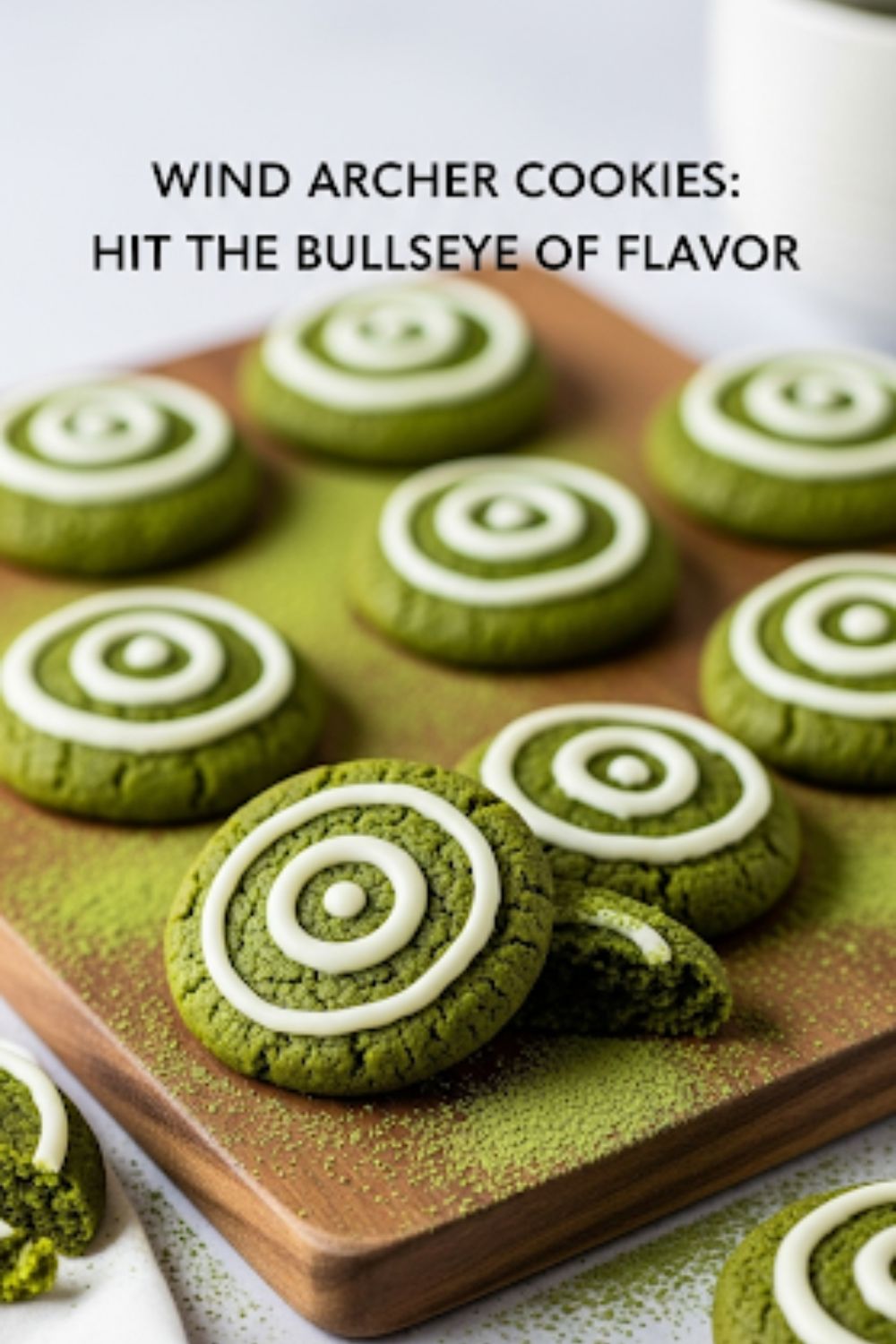 Text overlay "The Wind Archer Cookie" on an elegant, moody image of vibrant green matcha cookies with a sharp white chocolate bullseye design, arranged on a slate board.