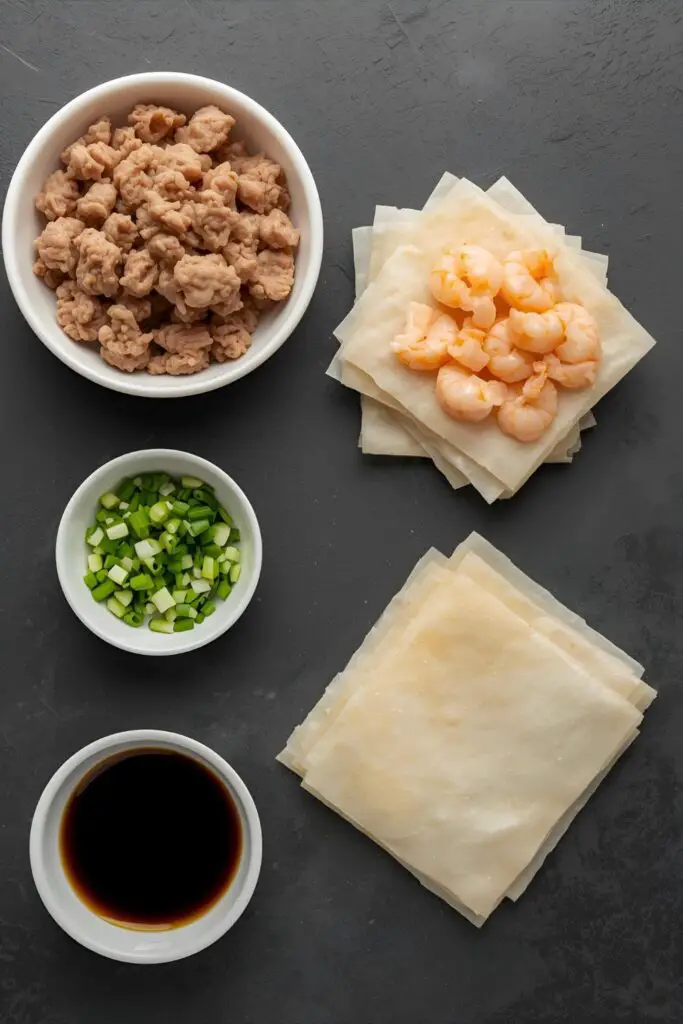 Flat lay of ingredients for making wontons: ground pork, shrimp, wrappers, soy sauce, and green onions.