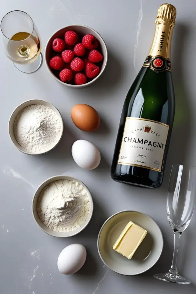 A flat-lay photo of ingredients for a champagne and raspberry cake, including a bottle of prosecco, fresh raspberries, flour, sugar, and butter.