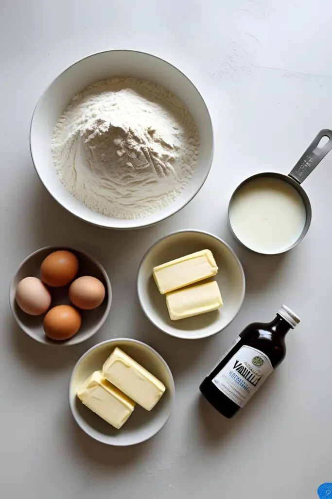 The ingredients for making a classic yellow cake from scratch, including flour, butter, eggs, and buttermilk, arranged in a neat flat lay.