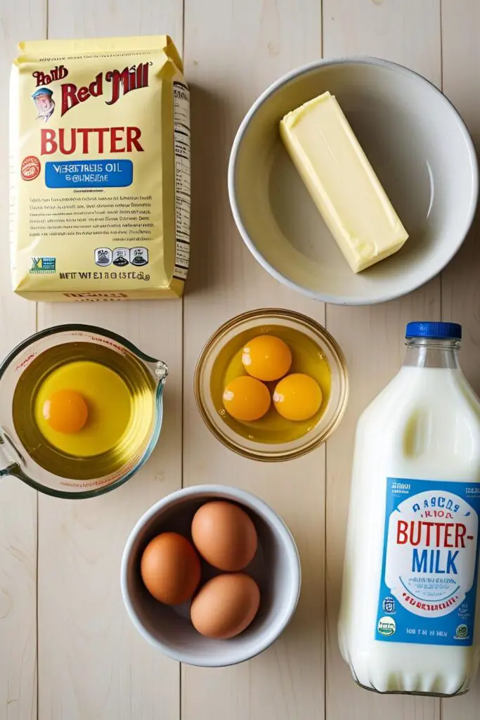 A flat lay of ingredients for a moist yellow cake recipe from scratch, including cake flour, butter, oil, eggs, and buttermilk.