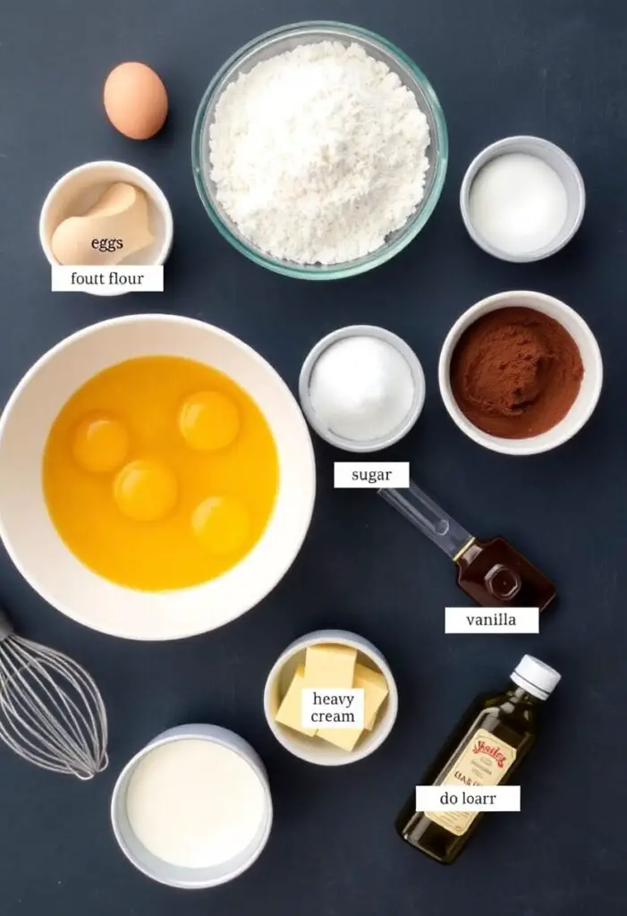 The essential ingredients needed to make a delicious homemade yule log cake for Christmas.