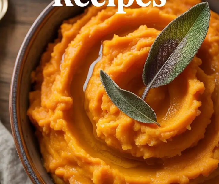 A beautiful serving bowl filled with creamy brown butter sage mashed sweet potatoes, placed on a festive Thanksgiving dinner table.