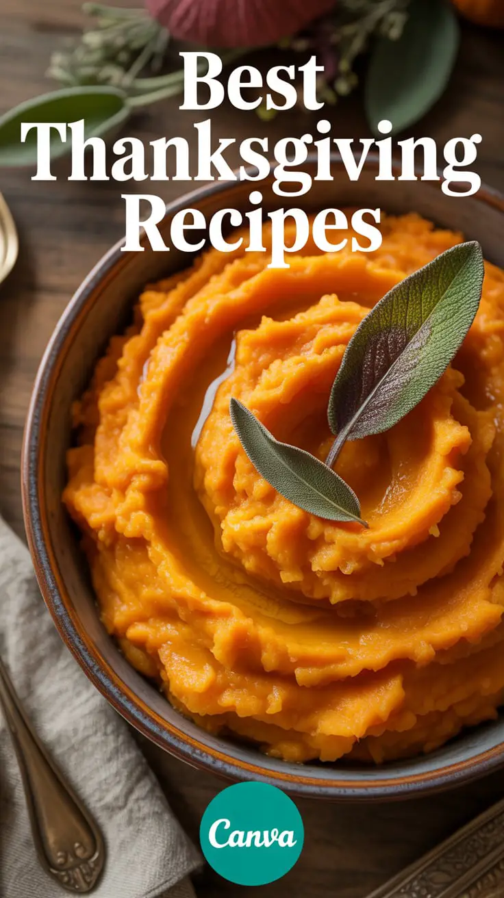 A beautiful serving bowl filled with creamy brown butter sage mashed sweet potatoes, placed on a festive Thanksgiving dinner table.