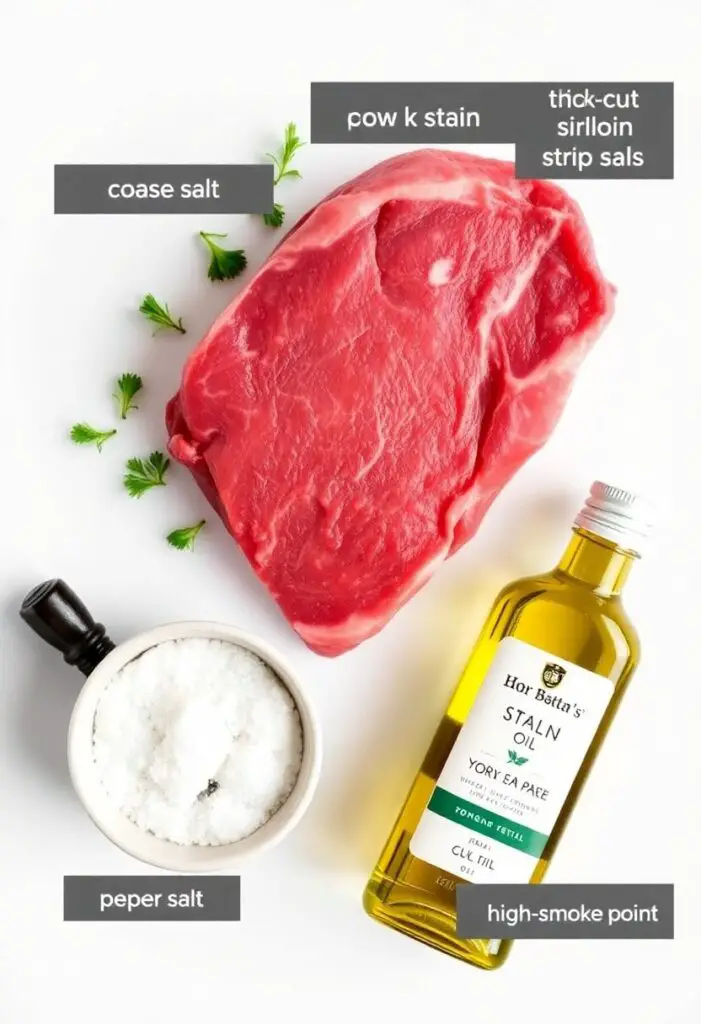 A simple, clean flat lay collage of ingredients for broiling steak: a thick-cut raw sirloin or New York strip steak, a small bowl of coarse kosher salt, a pepper mill, and a bottle of high-smoke-point oil.