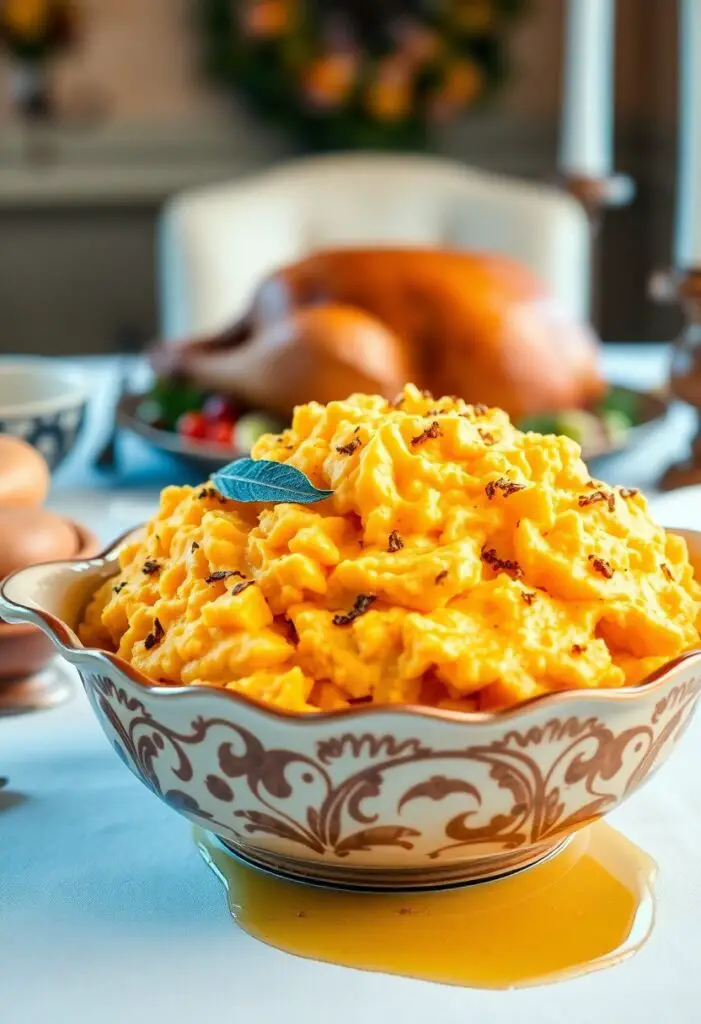 A beautiful serving bowl filled with creamy brown butter sage mashed sweet potatoes, placed on a festive Thanksgiving dinner table.