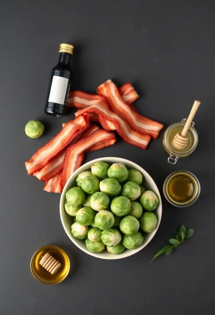 A flat lay photo collage of ingredients for honey balsamic Brussels sprouts, including fresh sprouts, raw bacon, olive oil, and balsamic vinegar.