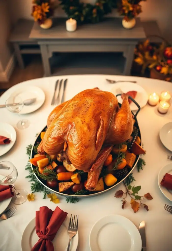 A full view of a perfectly roasted classic turkey centerpiece on a holiday-decorated dining table.