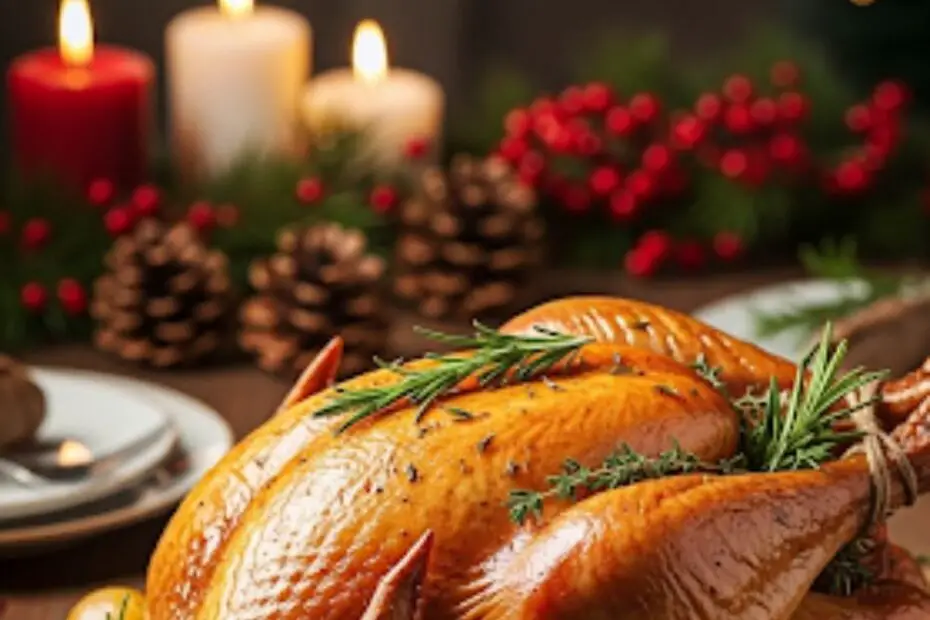 A full view of a perfectly roasted classic turkey centerpiece on a holiday-decorated dining table