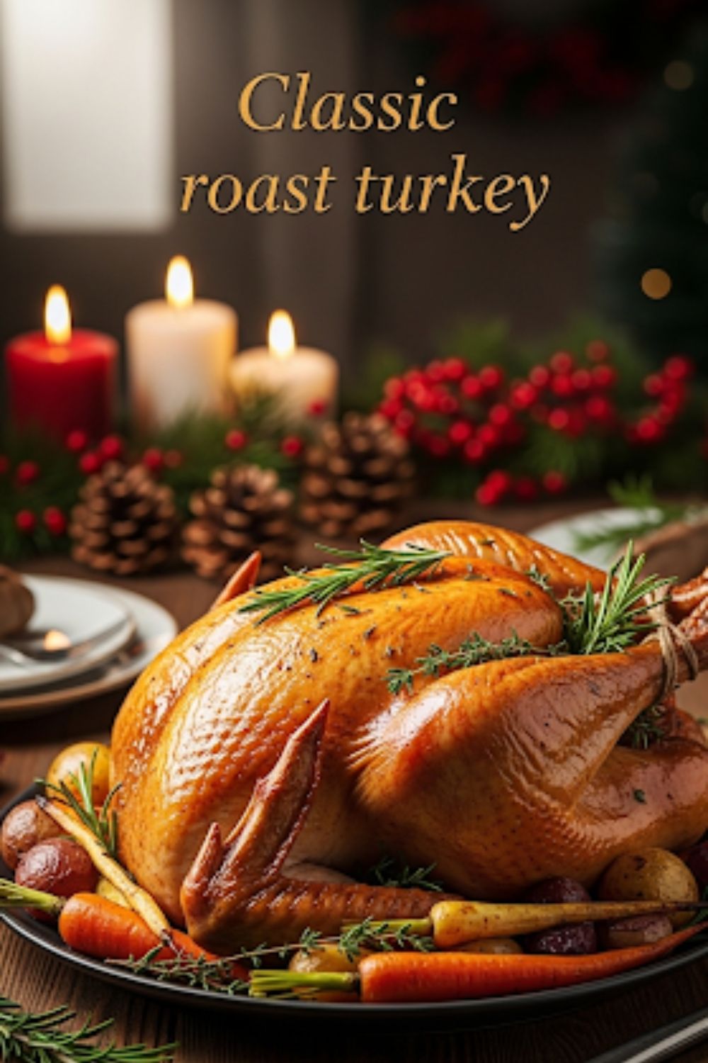 A full view of a perfectly roasted classic turkey centerpiece on a holiday-decorated dining table