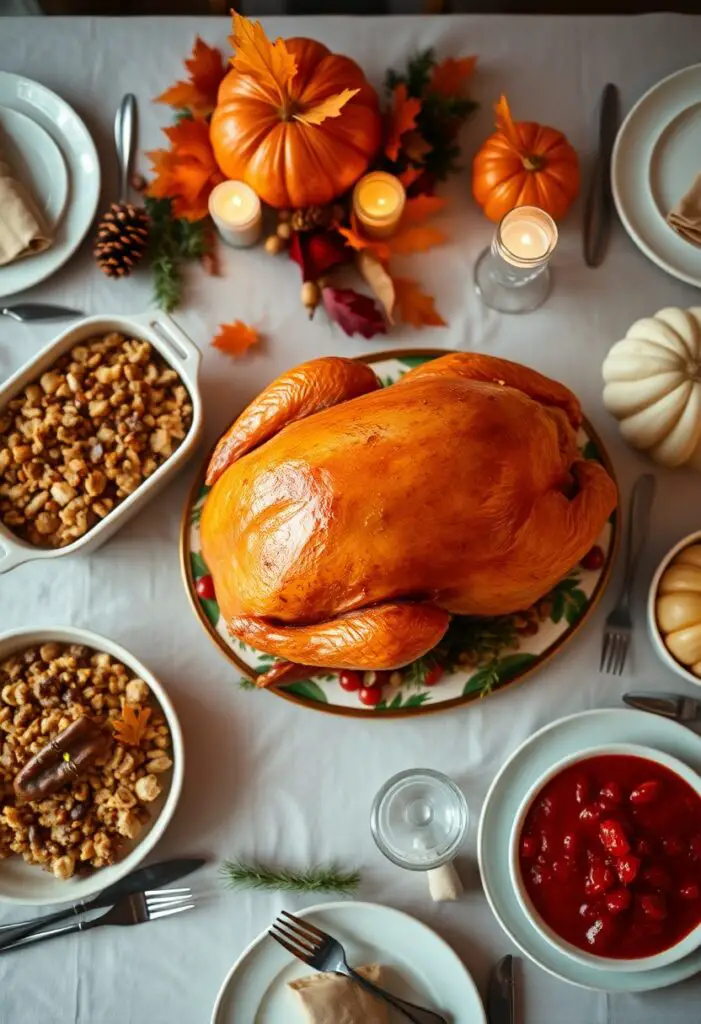 A full spread of a traditional Thanksgiving feast with a roasted turkey, stuffing, mashed potatoes, and cranberry sauce on a decorated table.