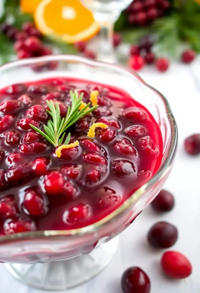  A glass bowl of vibrant homemade cranberry sauce garnished with orange zest on a holiday table.