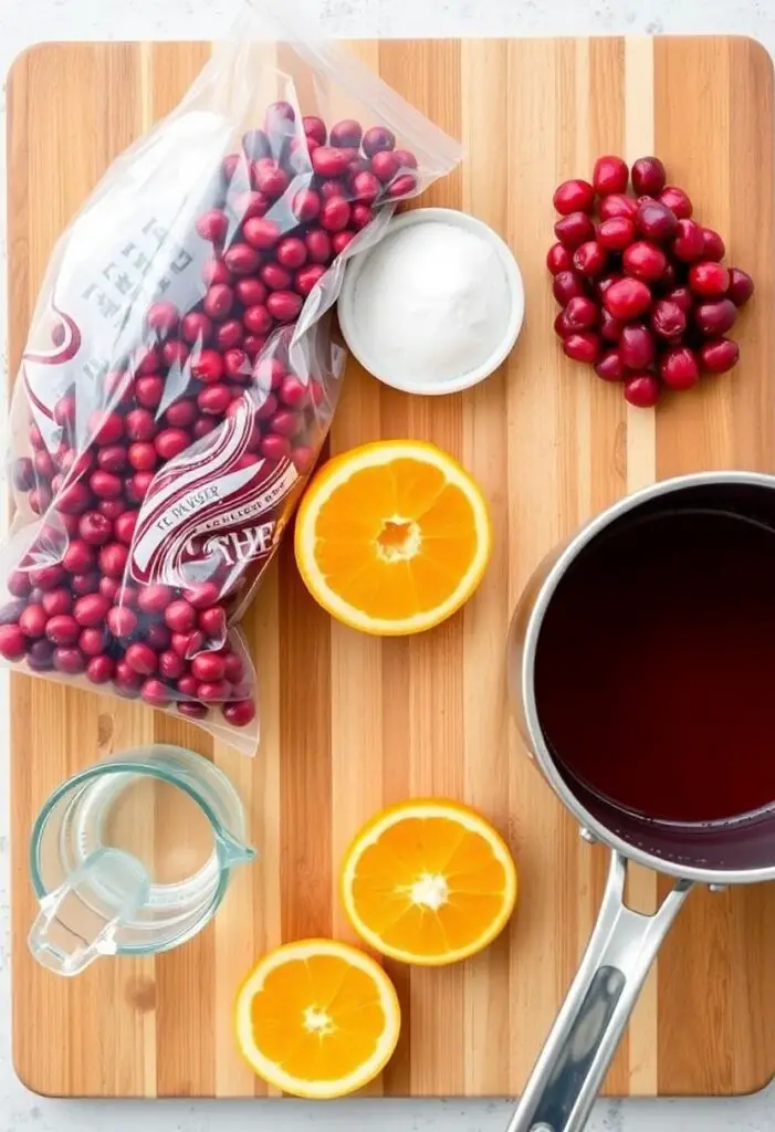  A collage of fresh cranberry sauce ingredients, including cranberries, sugar, and orange, on a wooden surface.