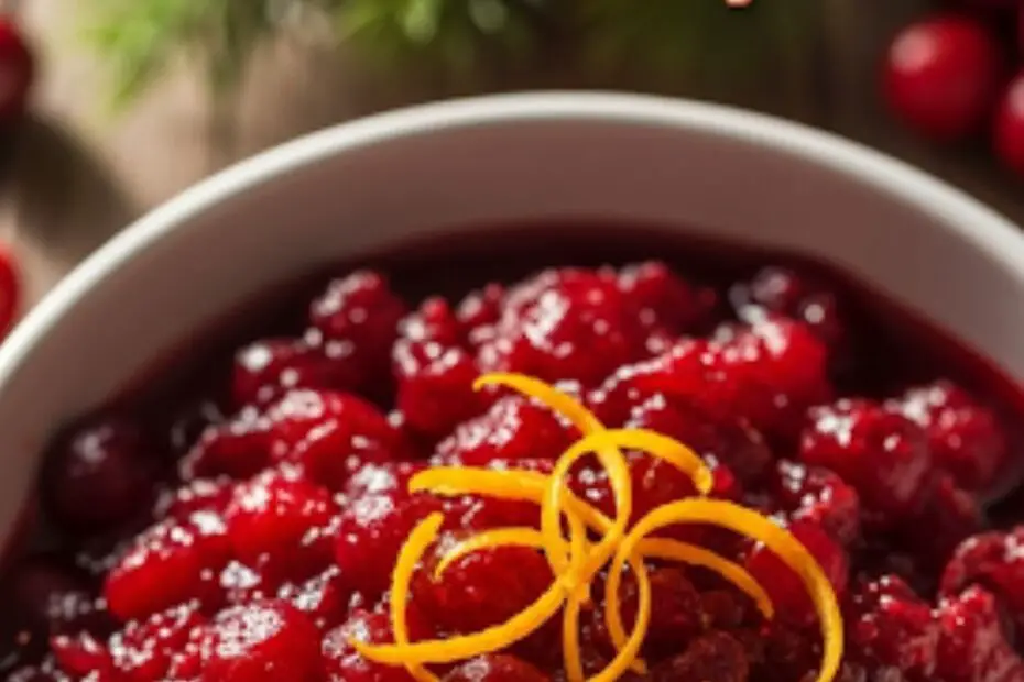 Text overlay "Cranberry sauce recipes" on a background of a bowl of homemade cranberry sauce.