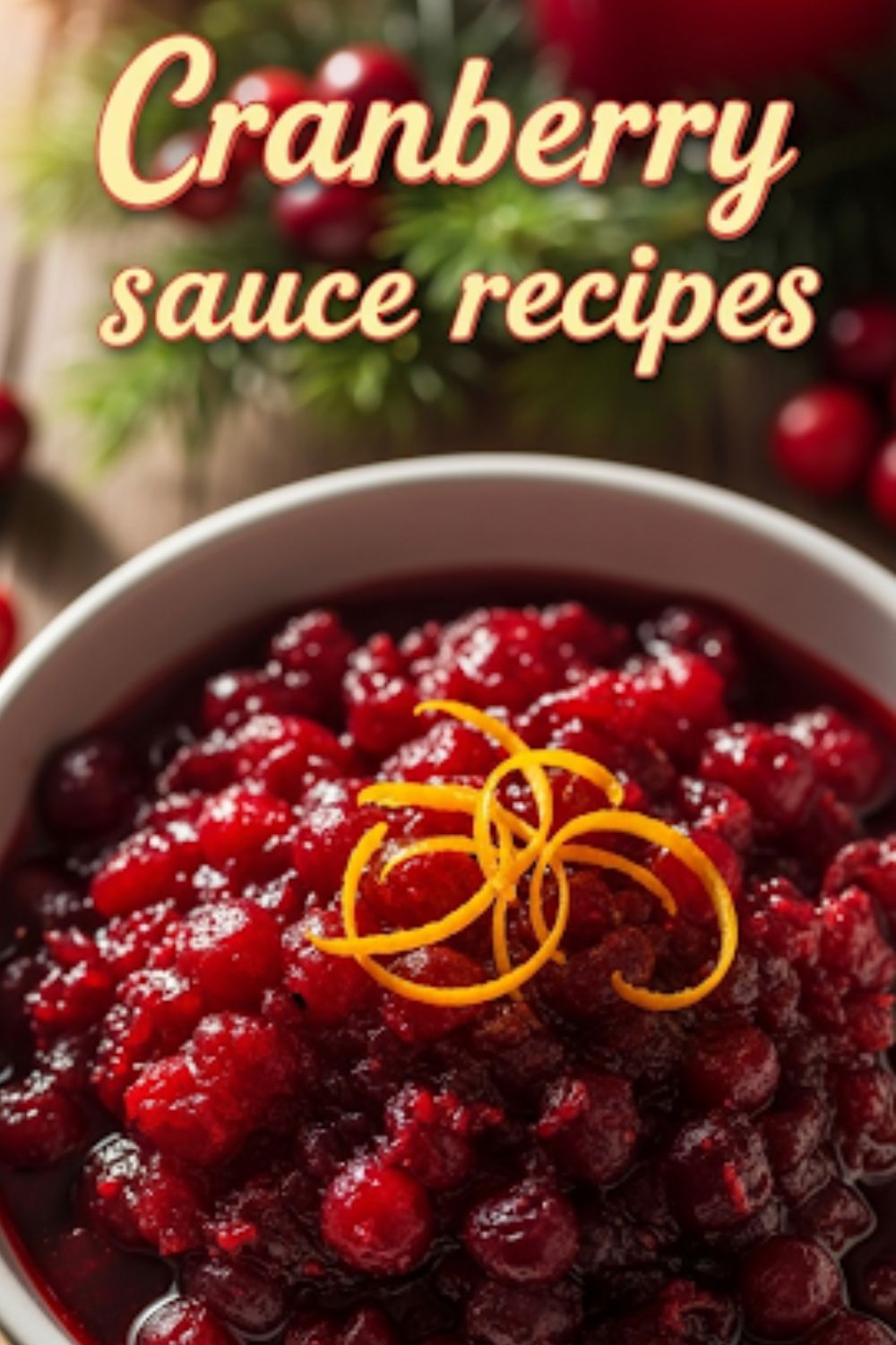 Text overlay "Cranberry sauce recipes" on a background of a bowl of homemade cranberry sauce.