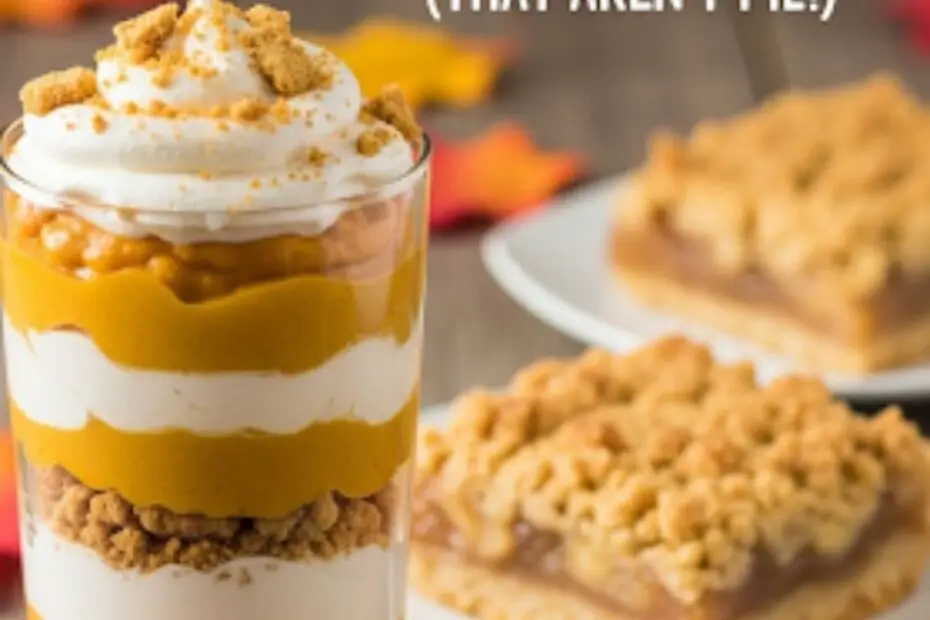 Text overlay "Easy Thanksgiving Desserts" over a festive, beautiful collage of different Thanksgiving treats, like a pumpkin parfait, a slice of apple crumble bar, and a pecan pie truffle.