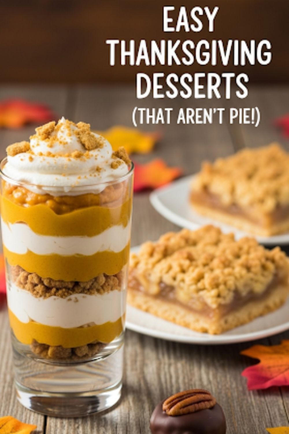 Text overlay "Easy Thanksgiving Desserts" over a festive, beautiful collage of different Thanksgiving treats, like a pumpkin parfait, a slice of apple crumble bar, and a pecan pie truffle.