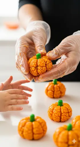 A person's and a child's hands forming a ball of orange popcorn mixture into a pumpkin shape.