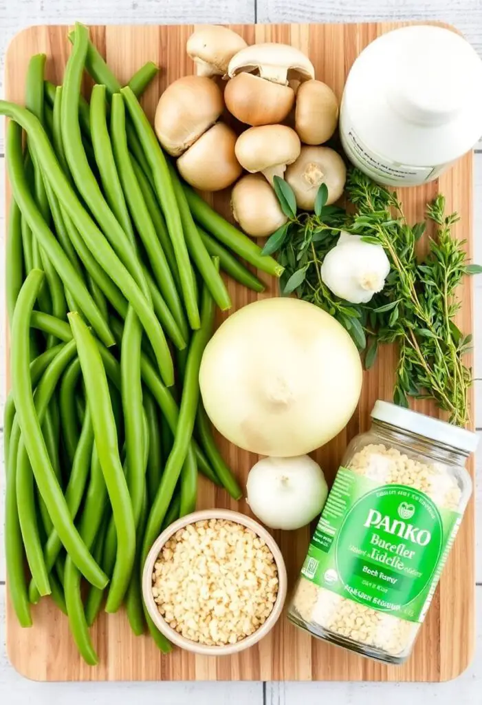 A flat lay collage of fresh green bean casserole ingredients including green beans, mushrooms, onions, and herbs on a wooden surface.