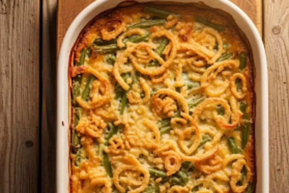 Text overlay "Green bean casserole" on a background of a freshly baked casserole in a baking dish.