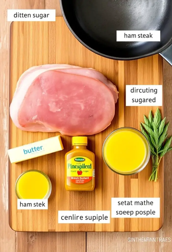 A collage of fresh ingredients for cooking ham steak, including ham steak, butter, brown sugar, mustard, and pineapple juice.