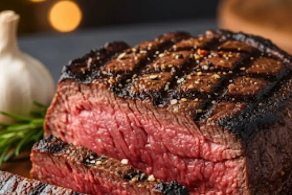 Text overlay "How to Broil Steak in the Oven" over a stunning, close-up shot of a perfectly broiled steak with a beautiful char, sliced to reveal a juicy pink center.