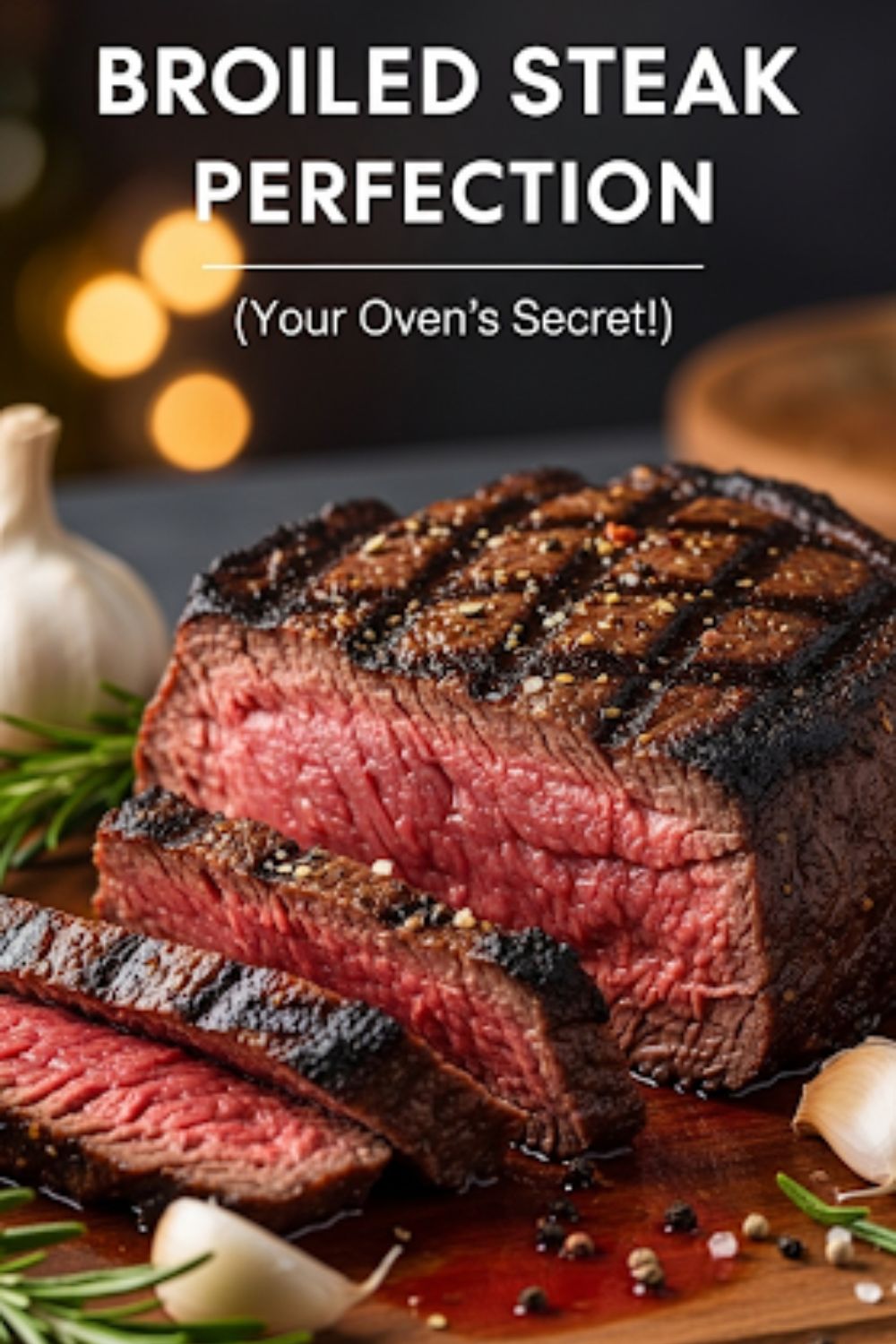 Text overlay "How to Broil Steak in the Oven" over a stunning, close-up shot of a perfectly broiled steak with a beautiful char, sliced to reveal a juicy pink center.