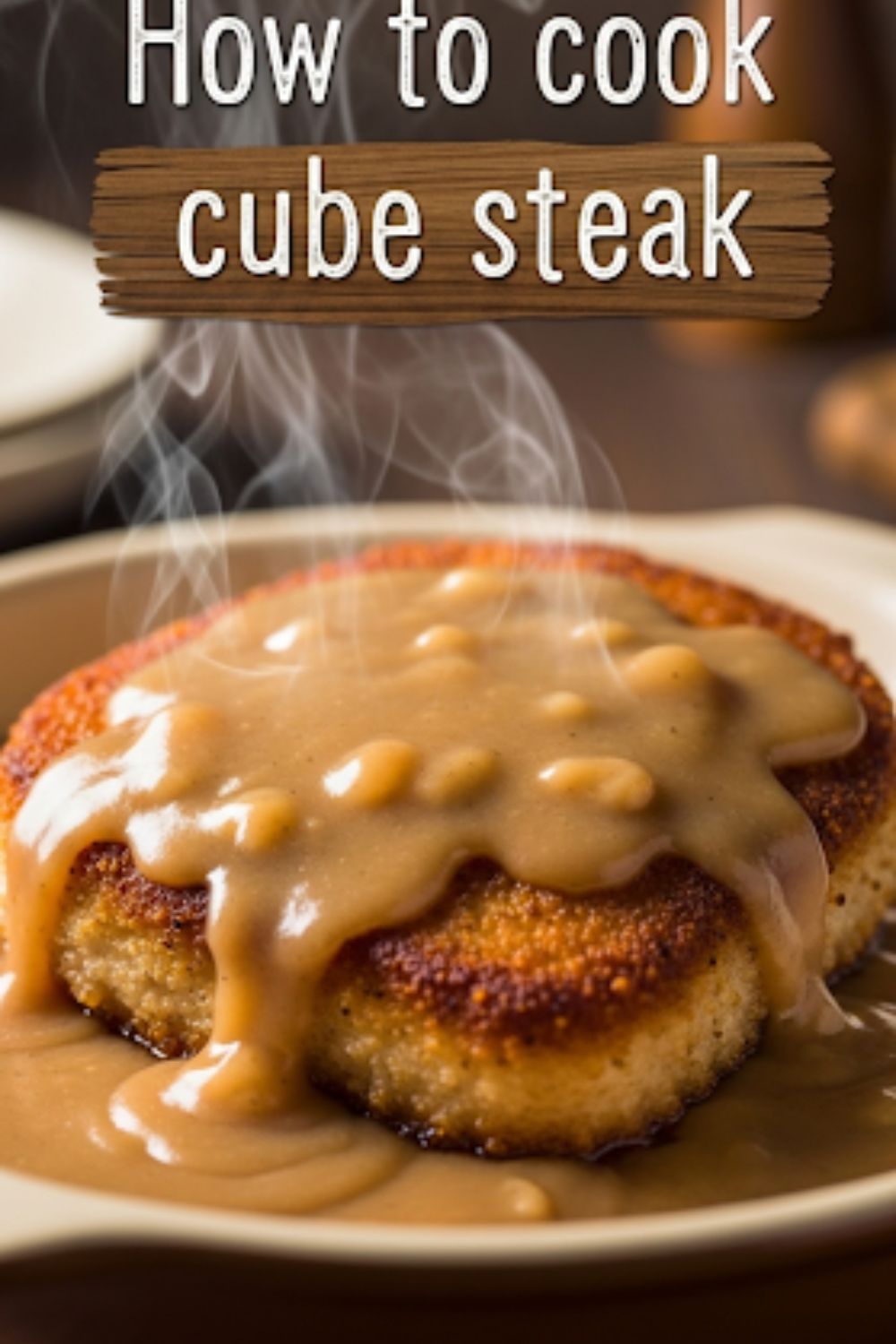 Text overlay "How to cook cube steak" on a background of a cooked cube steak with gravy.