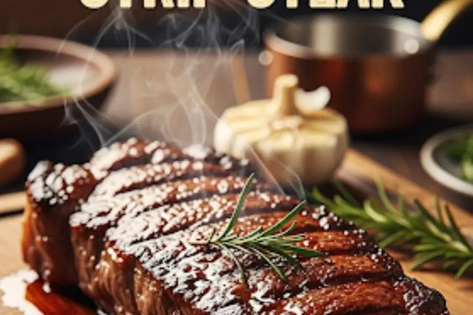 Text overlay "How to cook New York Strip Steak" on a background of a perfectly seared steak.