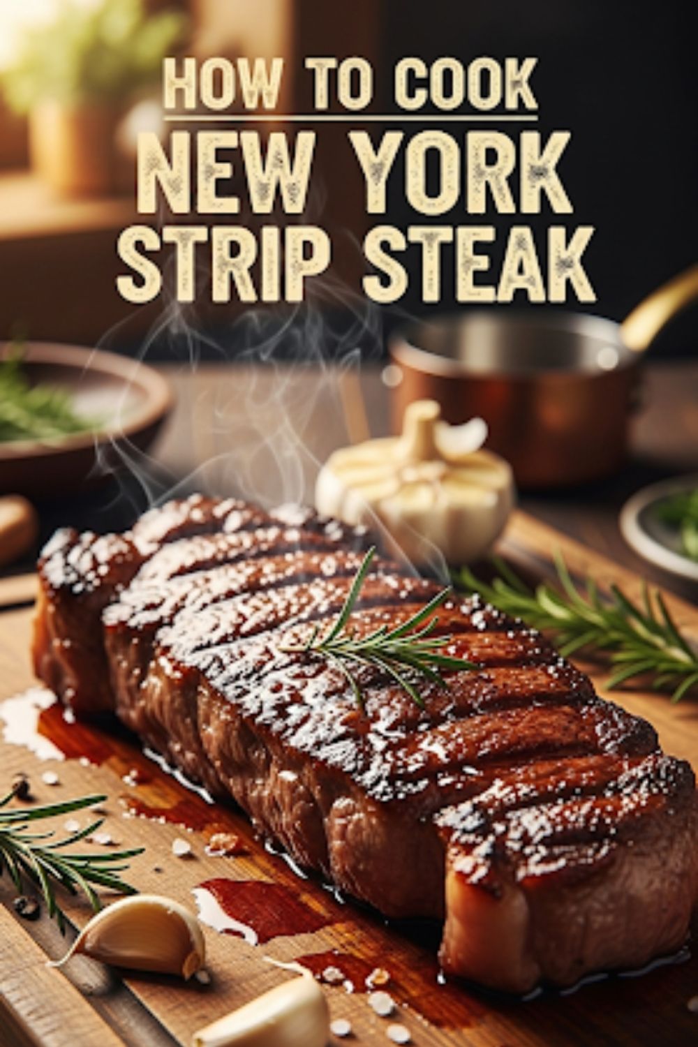 Text overlay "How to cook New York Strip Steak" on a background of a perfectly seared steak.