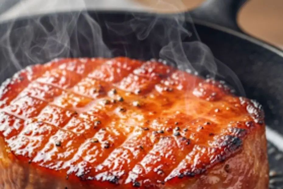Text overlay "How to cook ham steak" on a background of a glazed ham steak in a skillet.