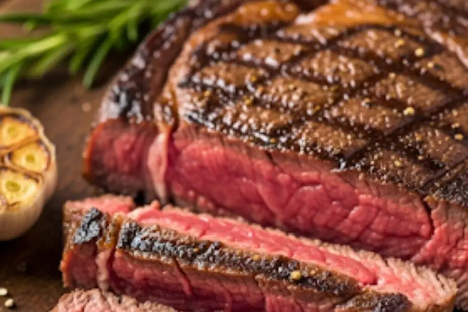 Text overlay "How to Cook the Perfect Ribeye Steak" over a stunning, close-up shot of a perfectly cooked and sliced ribeye steak, revealing a juicy, pink center.