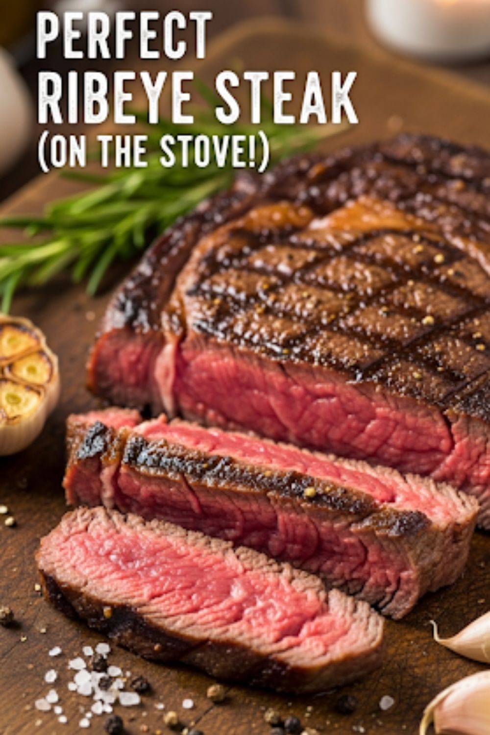 Text overlay "How to Cook the Perfect Ribeye Steak" over a stunning, close-up shot of a perfectly cooked and sliced ribeye steak, revealing a juicy, pink center.