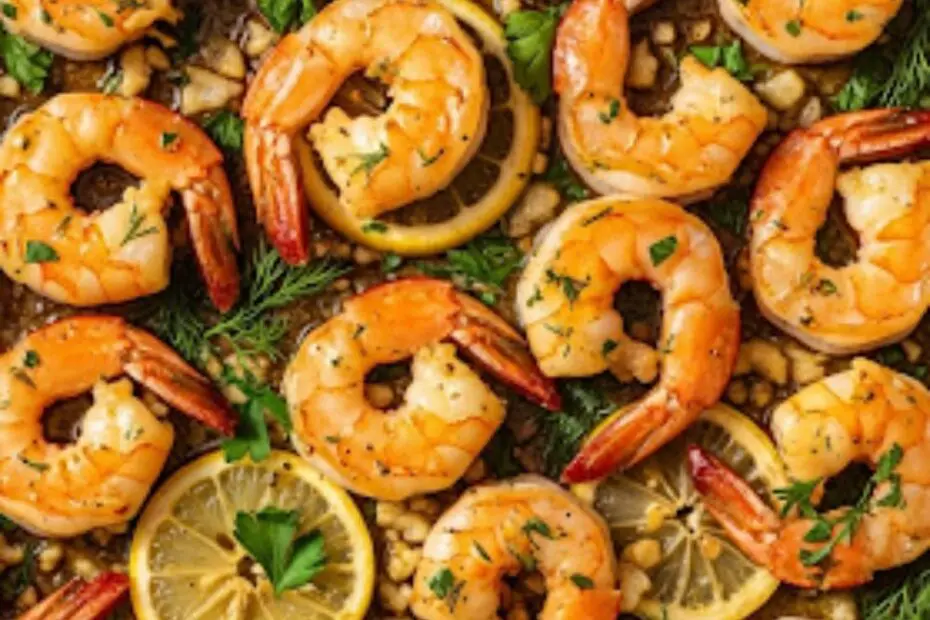 Text overlay "How to Cook Shrimp in the Oven" over a vibrant, delicious-looking image of perfectly roasted pink shrimp on a sheet pan, garnished with fresh parsley and lemon