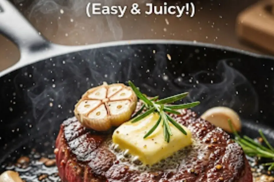 Text overlay "How to Cook Steak in Cast Iron Skillet" over a sizzling, close-up image of a perfectly seared, medium-rare steak in a cast iron skillet, with butter and herbs.