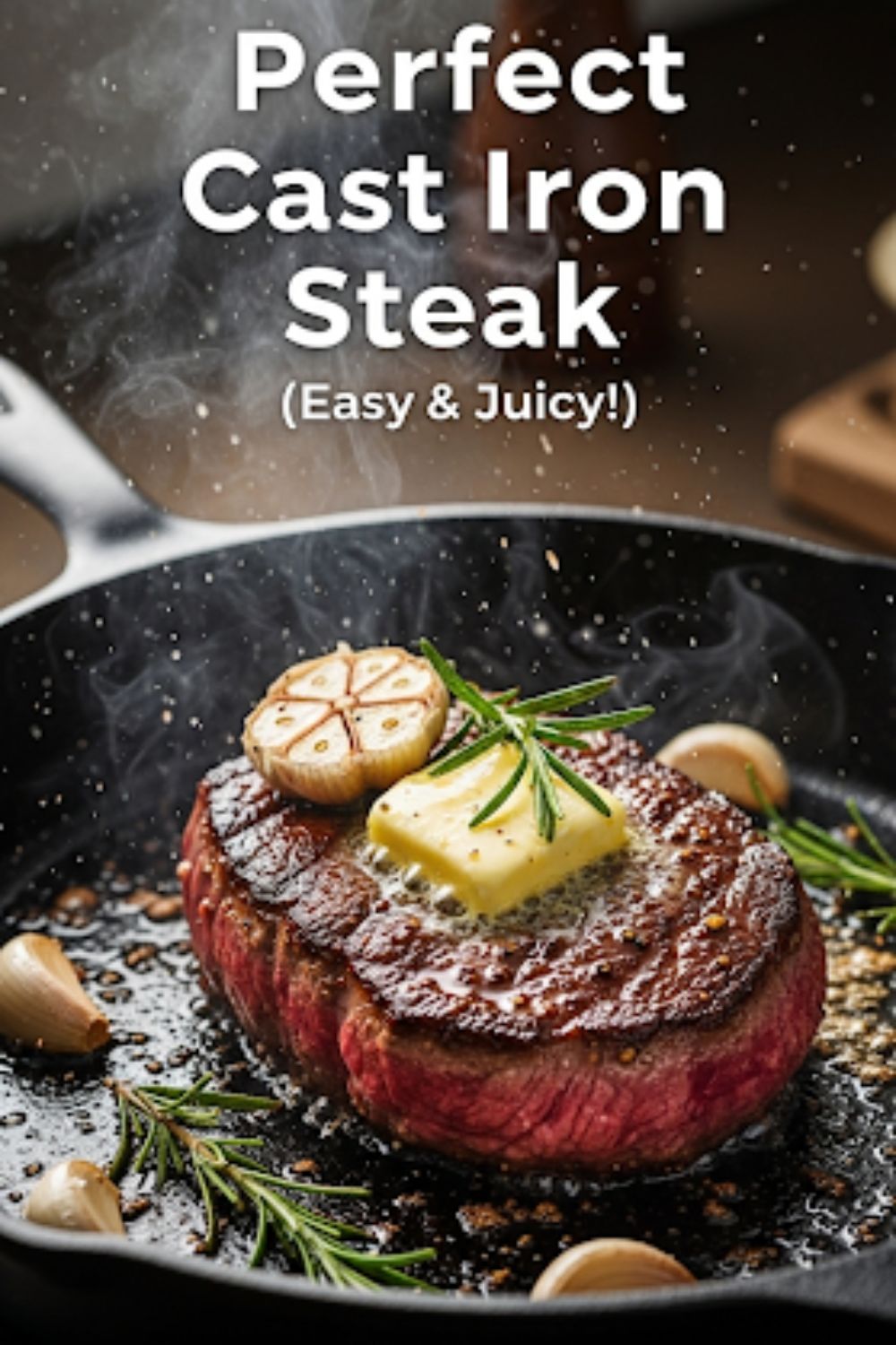 Text overlay "How to Cook Steak in Cast Iron Skillet" over a sizzling, close-up image of a perfectly seared, medium-rare steak in a cast iron skillet, with butter and herbs.