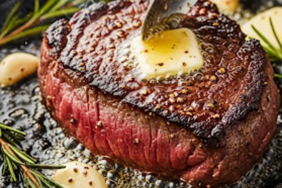 Text overlay "How to Cook Steak on Stove" over a stunning close-up of a perfectly seared, medium-rare steak in a cast iron skillet, garnished with rosemary