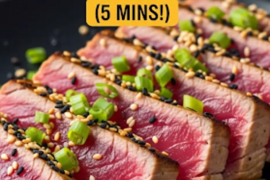 Text overlay "How to Cook Tuna Steak" over a stunning close-up of a perfectly seared tuna steak, sliced to reveal a rare, pink interior, garnished with sesame seeds and green onions.