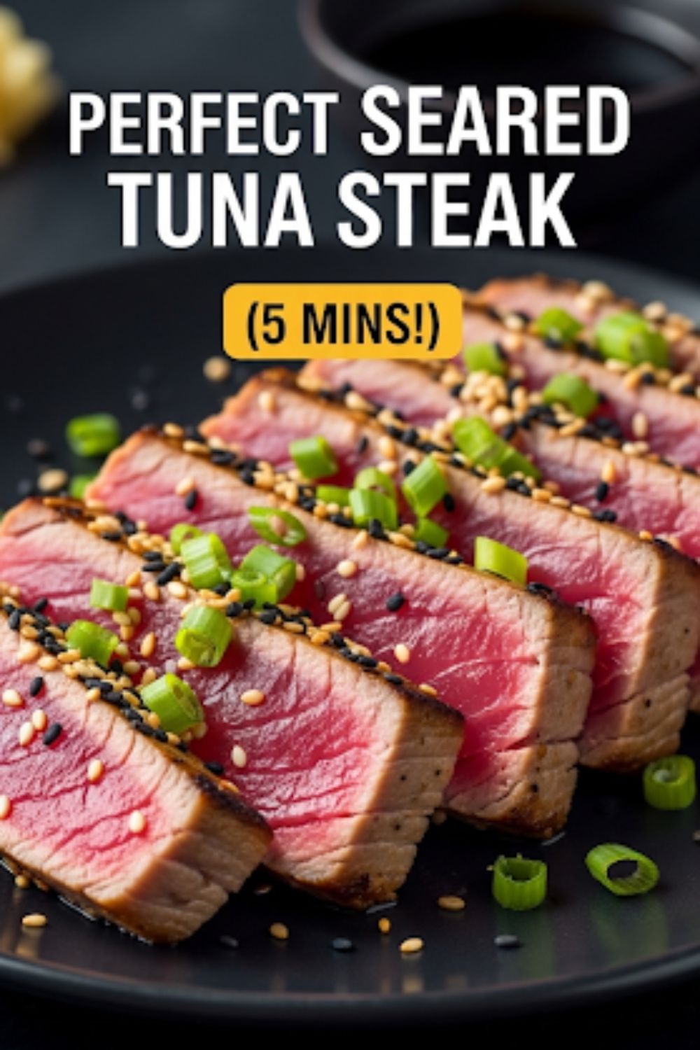 Text overlay "How to Cook Tuna Steak" over a stunning close-up of a perfectly seared tuna steak, sliced to reveal a rare, pink interior, garnished with sesame seeds and green onions.