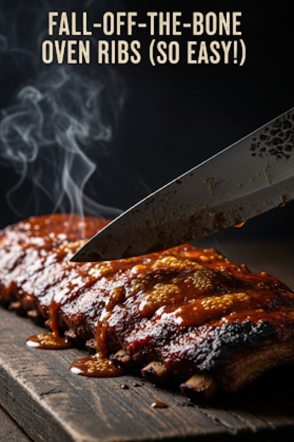 Text overlay "How to Slow Cook Ribs in the Oven" over a mouth-watering image of a perfectly cooked rack of BBQ ribs, glistening with sauce, on a wooden cutting board.