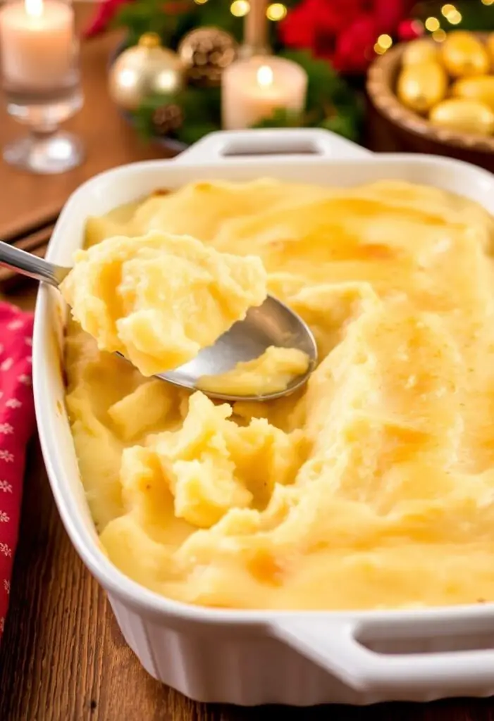 A freshly baked make-ahead mashed potato casserole with a golden-brown top in a white baking dish.