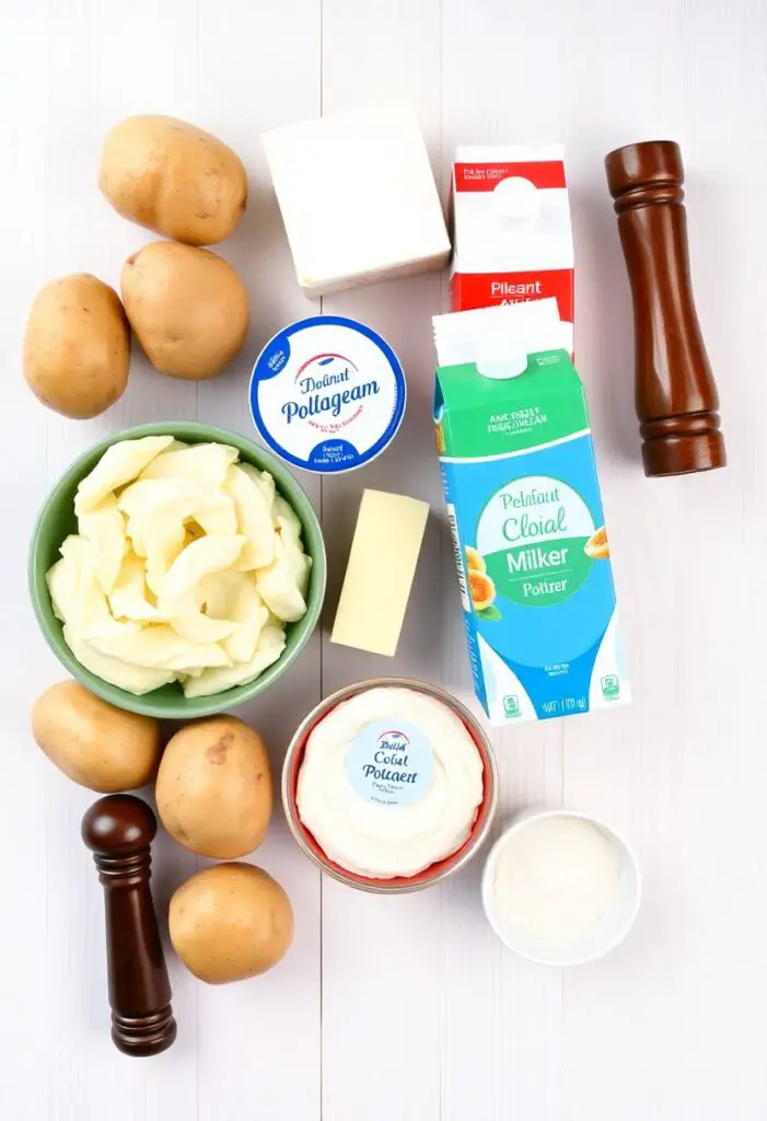  A collage of fresh ingredients for make-ahead mashed potatoes, including potatoes, dairy products, and seasonings.

