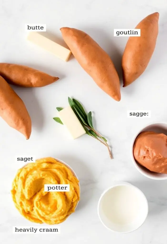 A flat lay collage of ingredients for brown butter sage mashed sweet potatoes, including whole sweet potatoes, a stick of butter, fresh sage, and heavy cream.