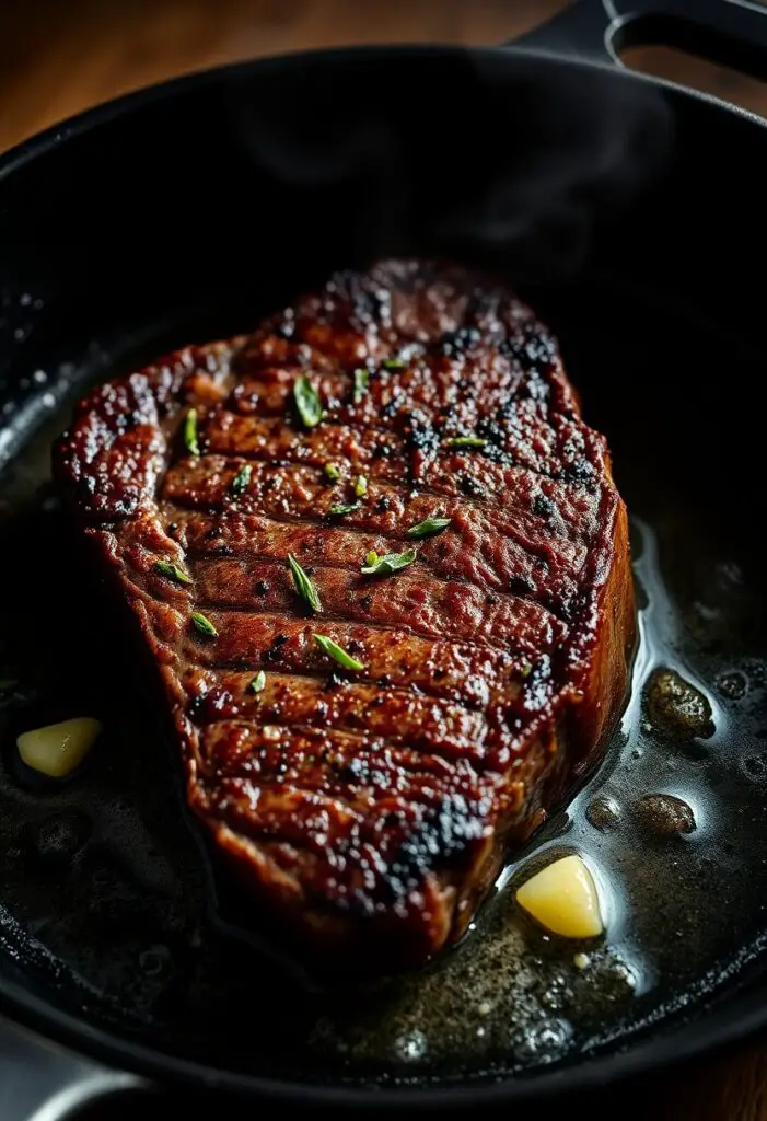 A thick New York strip steak searing in a hot cast iron skillet with herbs and butter.